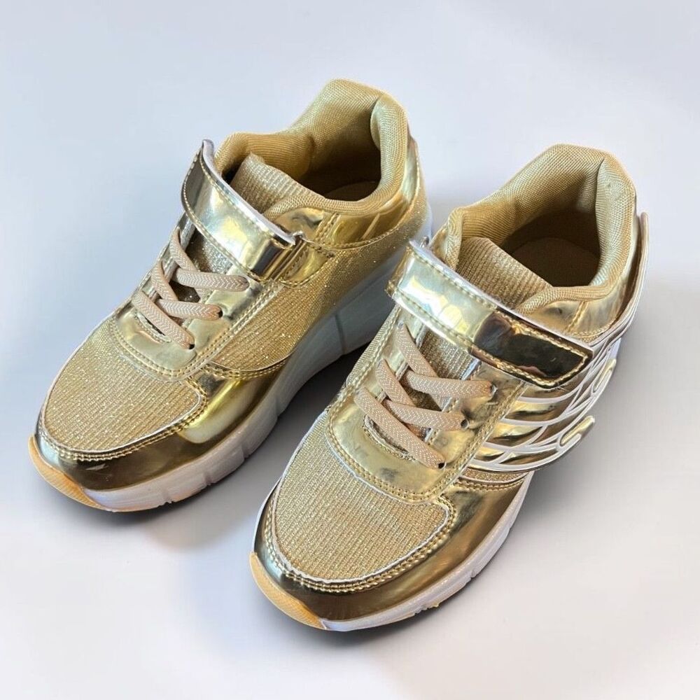 Kids Gold Light Up Roller Shoes Retractable Wheels Metallic Size 1 Sneakers